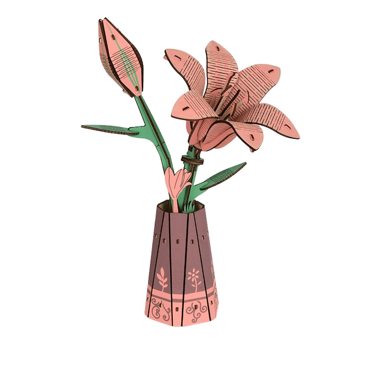 3D Puzzle, fából, Rózsaszín liliom, 69 darab, 14.5x10.4x22.8cm, Kézzel készített DIY, Ünnepi ajándékok, Többszínű