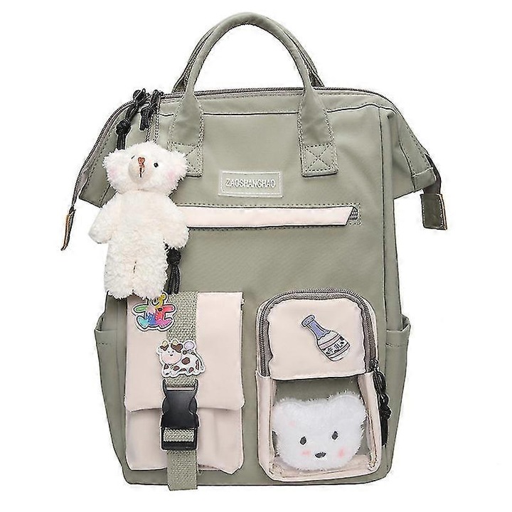 Rucsac pentru copii Benobby cu accesorii dragute cu brosa, pandantiv de plus, rucsac scolar estetic dragut - verde