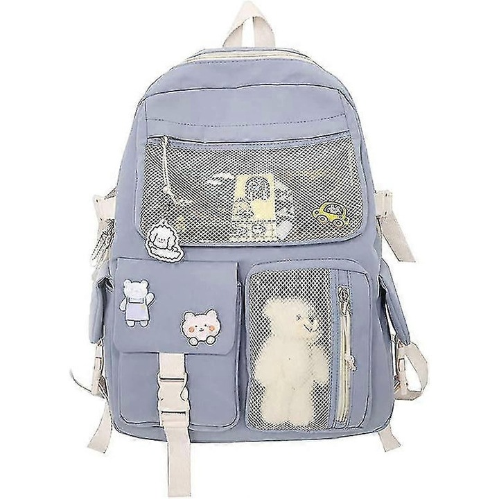 Rucsac pentru copii Benobby cu accesorii dragute cu brosa, pandantiv de plus, rucsac scolar estetic dragut, albastru
