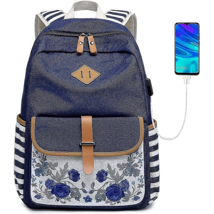 Rucsac Benobby Kids Goldwheat din panza, tip geanta casual pentru laptop, pentru femei si fete adolescente, cu port de incarcare USB