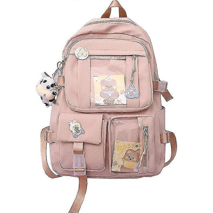 Rucsac pentru copii Benobby cu accesorii dragute cu brosa, pandantiv de plus, rucsac scolar estetic dragut - roz