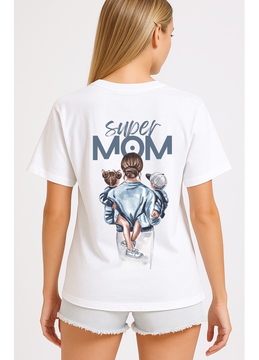 Vexor-Tricou dama trendy bumbac, Super Mom, Alb