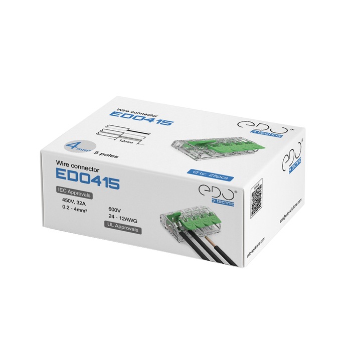 Set 100 cleme Conector de instalare cu maneta pentru toate tipurile de cabluri 5x 0, 2- 4mm2 Verde EDO415 EDO Technic