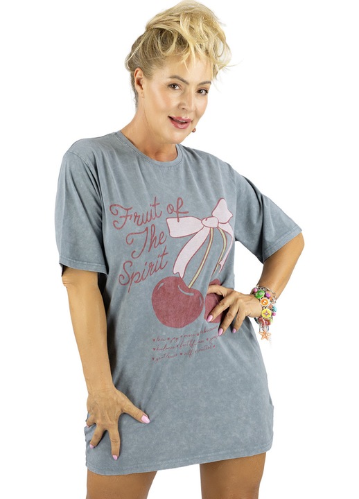 Tricou dama oversize, 100% bumbac, cu imprimeu „Fruit of The Spirit”, casual, gri, Agrafka unisize