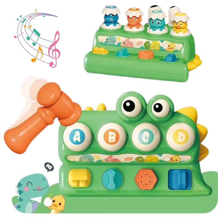 Jucarie Interactiva Dinozaur cu Ciocanel si Pop-Up Animale - Joc Educativ de Lovire si Apasare Butoane - Contine Sunete si Lumini Distractive - Dezvoltare Motrica si Recunoastere Litere - Cadou Copii 1-4 Ani