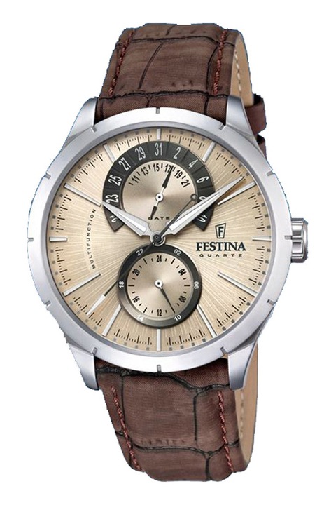 Festina, Ceas cu functii multiple si curea din piele, Argintiu, Maro fango