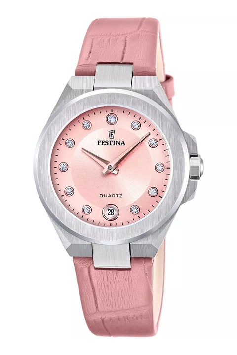 Festina, Ceas cu curea din piele si cristale, Roz pal