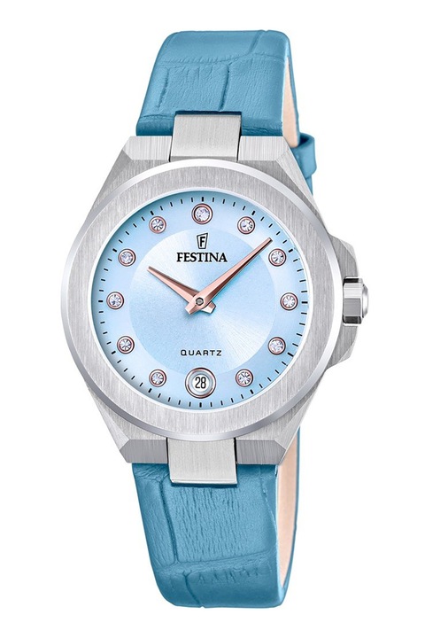 Festina, Ceas cu curea din piele si cristale, Albastru pastel