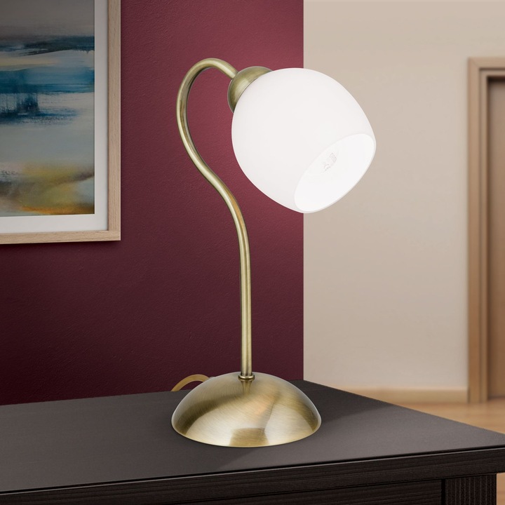 Veioza vintage TULPO cu abajur din sticla opal mat, E14 1x40W otel finisaj alama antica, 30cm IP20 ORION