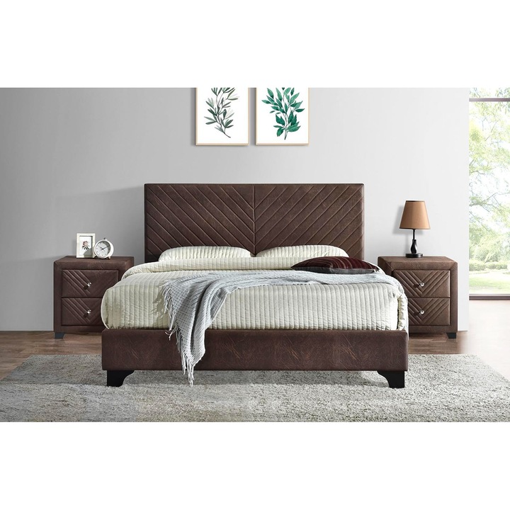 Pat tapitat, 160 x 200, cadru din lemn cu somiera fixa, Houston, Maro