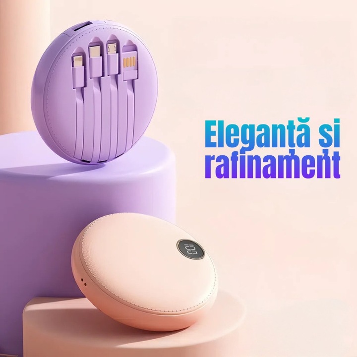 Кръгла външна батерия, Power Bank с бързо зареждане, Fast Charge, 10W, 10 000 mAh, LED дисплей, лилав