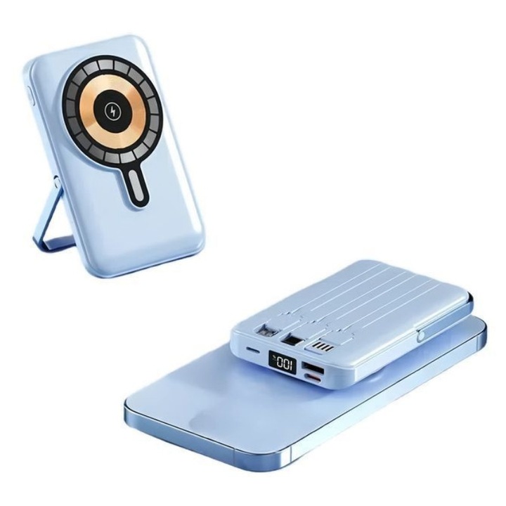 Магнитна безжична външна батерия със сгъваема стойка - 10000mAh, дигитален дисплей, 3 вградени кабела, бързо зареждане 22.5W, синя