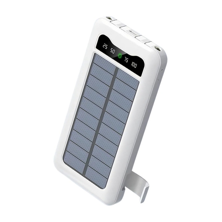Външна соларна батерия 10000mAh, бързо зареждане 15-18W, LED фенерче, държач за мобилен телефон, множество защити, бяла