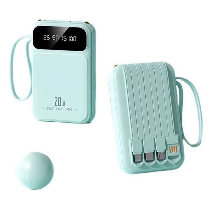 Външна батерия, Power Bank с бързо зареждане, Fast Charge, 20W, 10 000 mAh, Фенерче, LED дисплей, зелена