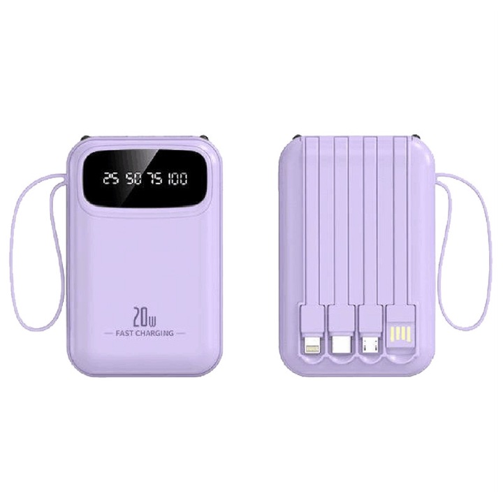 Външна батерия, Power Bank с бързо зареждане, Fast Charge, 20W, 10 000 mAh, Фенерче, LED дисплей, лилаво
