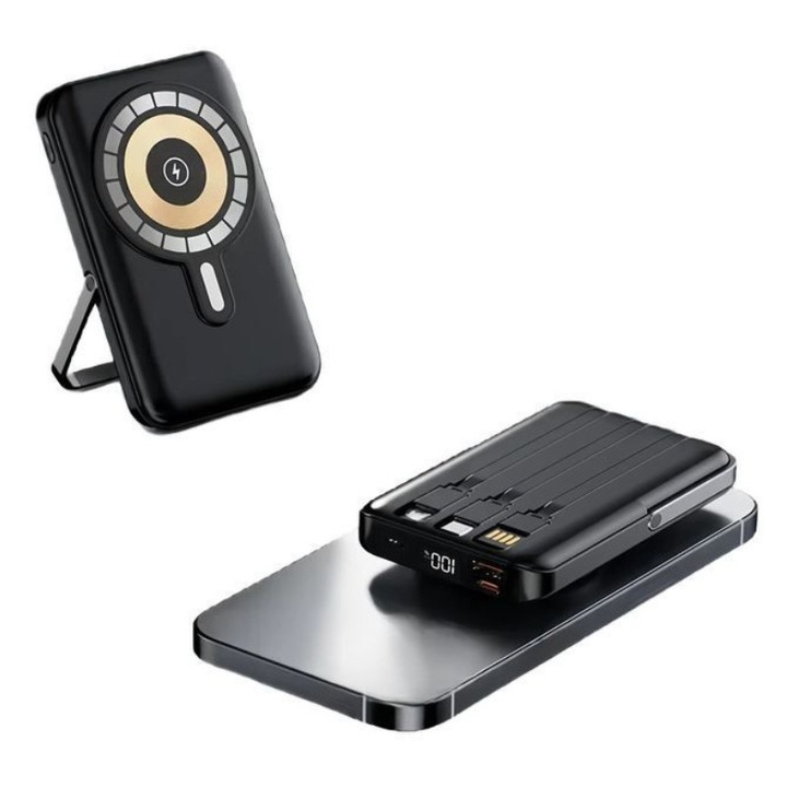 Магнитна безжична външна батерия със сгъваема стойка - 10000mAh, дигитален дисплей, 3 вградени кабела, бързо зареждане 22.5W, черна