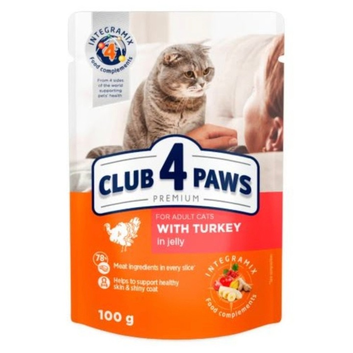Pachet 10 plicuri hrana pentru pisici adulte, premium, 100 g, Club 4 Paws, curcan in jeleu