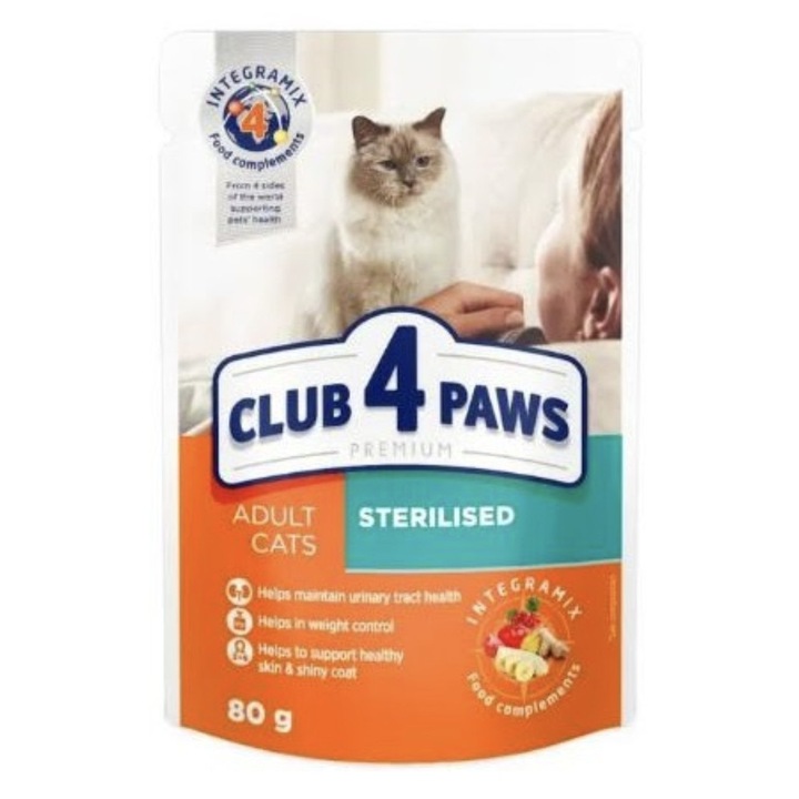 Pachet 10 plicuri hrana umeda premium pentru pisici sterilizate 80 g, Club 4 Paws Sterilised, pui