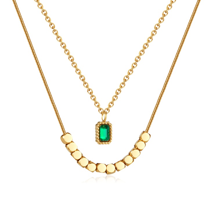 Colier inox dublu cu zirconiu si pandantive cubice, BeSpecial, CLR513, 39 + 6 cm