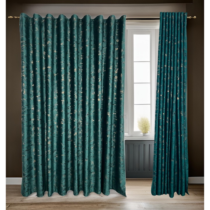 Bársony függöny türkiz és arany színben 240 cm magas és 400 cm hosszú