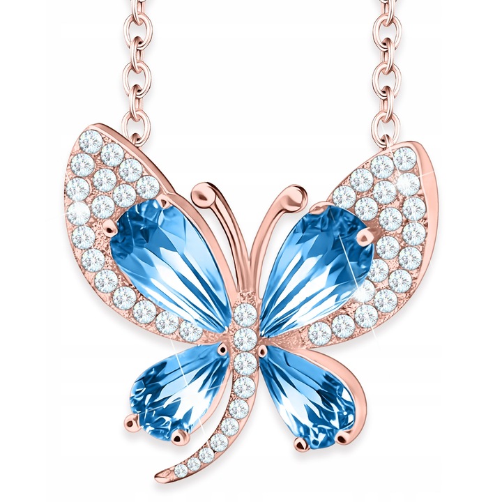 Colier Dama, Larezo, Motylek, 42+3 cm, Dimensiuni Pandantiv 18x17.5 mm, Argint 925, Acoperire Aur Roz 750, Pietre Zirconii, Impletitura Ancora, Cutie De Bijuterii, Certificat De Calitate, Bijuterie Pentru Femei, Aur Roz/Albastru