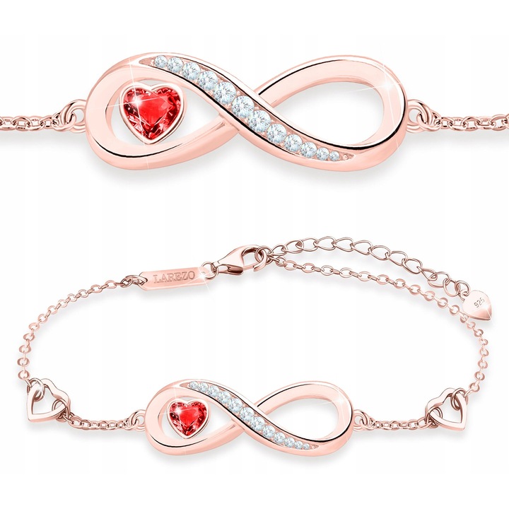 Bratara Pentru Dama, Larezo, Inima Cu Infinit, 15 cm + 4 cm, Dimensiuni Pandantiv 6.5x18.5 mm, Argint 925, Acoperire Aur Roz Pr.750, Pietre Zirconii, Impletitura Ancora, Cutie De Bijuterii, Certificat De Calitate, Bijuterie Pentru Dama, Aur Roz/Rosu