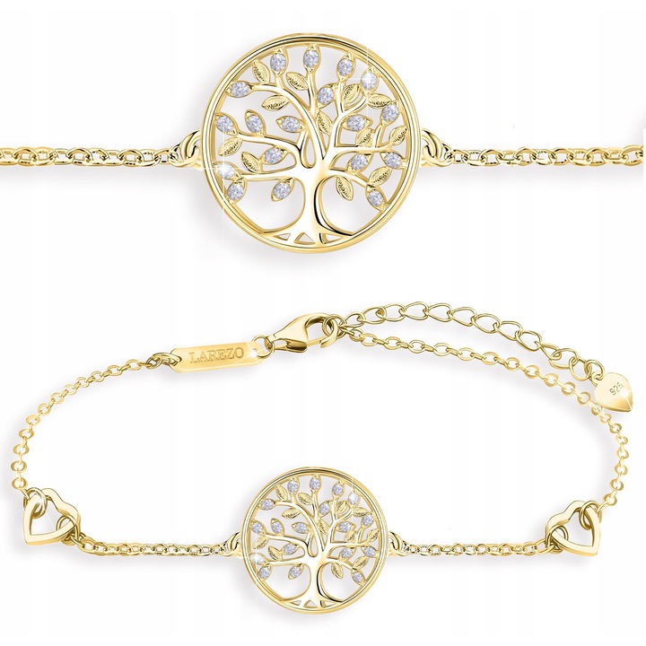 Bratara Dama, Larezo, Model Copacul Vietii Cu Zirconii, Argint 925 Placat Cu Aur Simbol Familie, Auriu, 16 + 3 cm