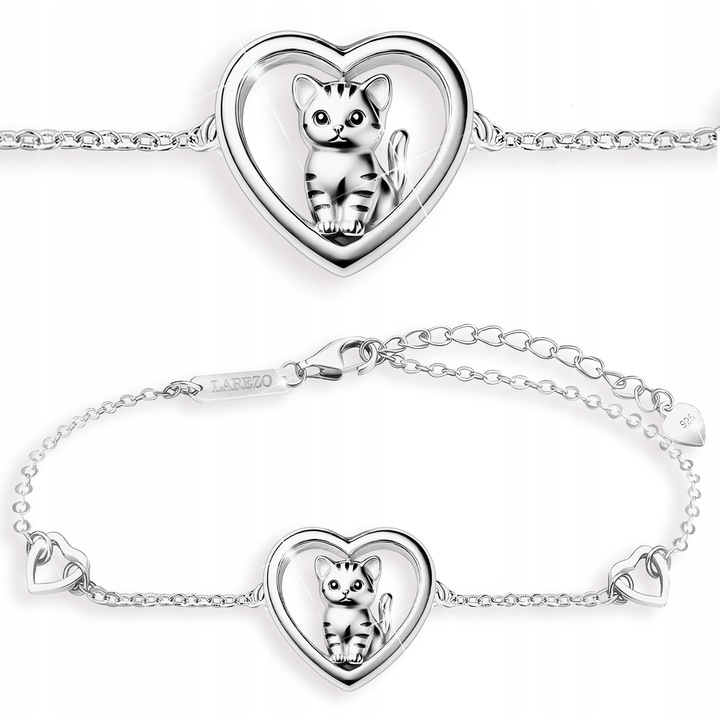 Bratara Pentru Dama, Larezo, Inima Cu Pisica, 16 cm + 3 cm, 14x19 mm, Argint 925, Sarma Ancora, Cutie De Bijuterii, Certificat De Calitate, Bijuterie Pentru Femei, Argintie