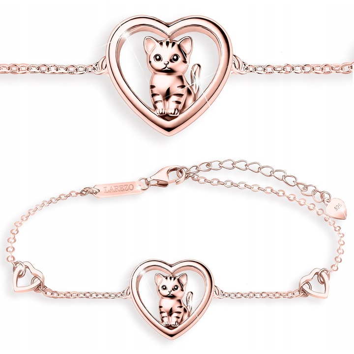 Bratara Dama, Larezo, Model Inima Cu Pisica, Cadou De Feline, Argint 925 Placat Cu Aur, Rose Gold Metal, 16 + 3 cm