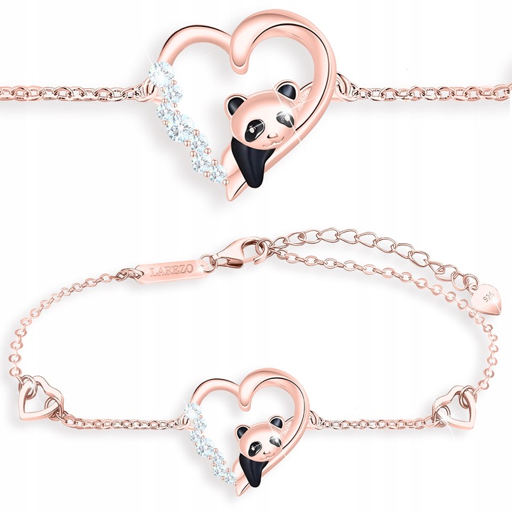 Bratara Pentru Dama, Larezo, Inima Si Panda, 16 + 3, Dimensiuni Pandadwqfntiv 13x17 mm, Argint 925, Ancora, Motiv Animale, Cutie De Bijuterii, Certificat De Calitate, Bijuterie Pentru Femei, Rose Gold Metal, 16 + 3 cm