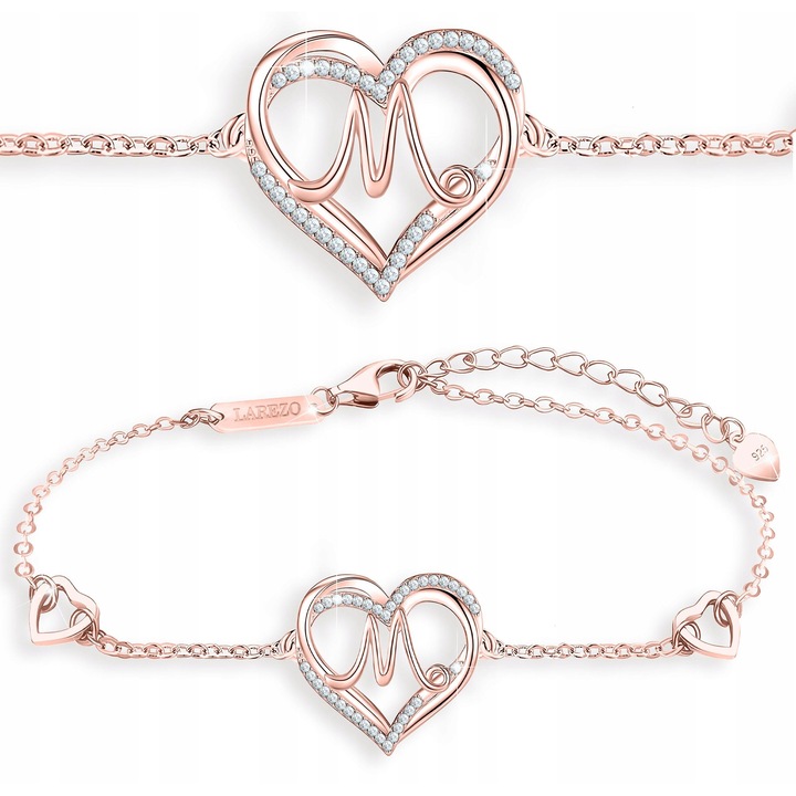 Bratara Dama, Larezo, Model Inima Cu Litera Si Zirconii, Argintdwqf925 Placat Cu Aur Cadou Personalizat, Rose Gold Metal, 15-18 CM