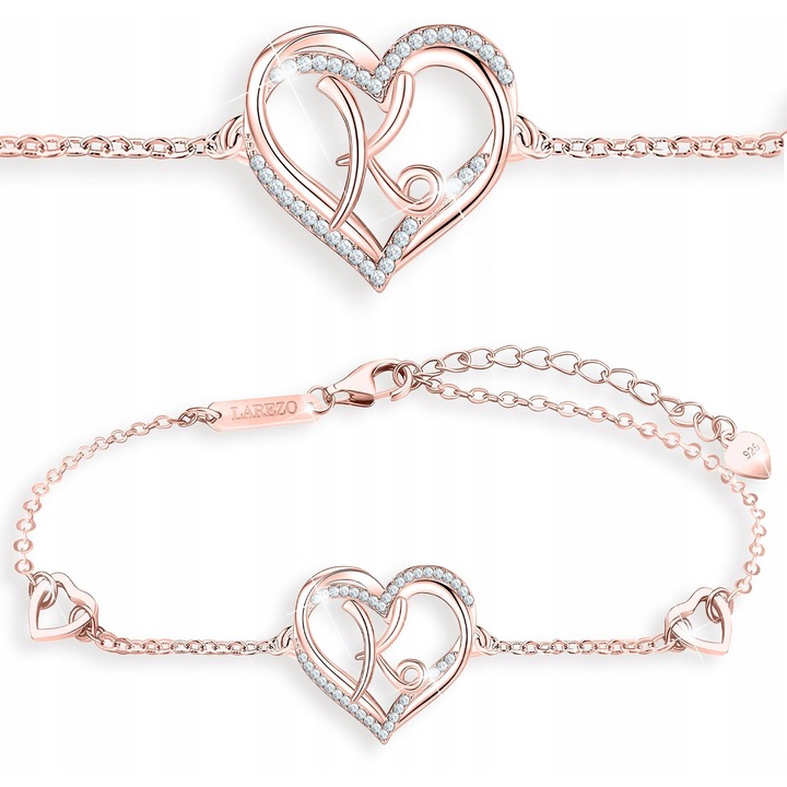 Bratara Dama, Larezo, Model Inima Cu Litera Si Zirconii, Argintdwqf925 Placat Cu Aur Cadou Personalizat, Rose Gold Metal, 15-18 CM