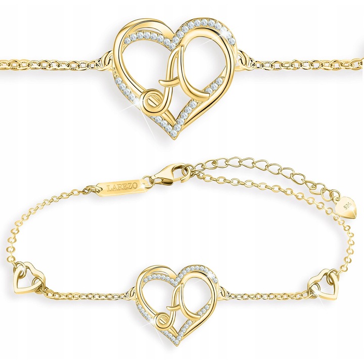 Bratara Dama, Larezo, Model Inima Cu Litera A Si Zirconii, Argint 925 Placat Cu Aur, Auriu