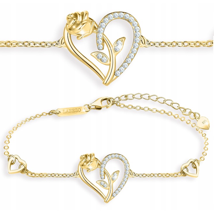 Bratara Dama, Larezo, Model Inima Cu Trandafir Si Cristale, Argint 925 Placat Cu Aur Cadou Romantic, Auriu, 16 + 3 cm