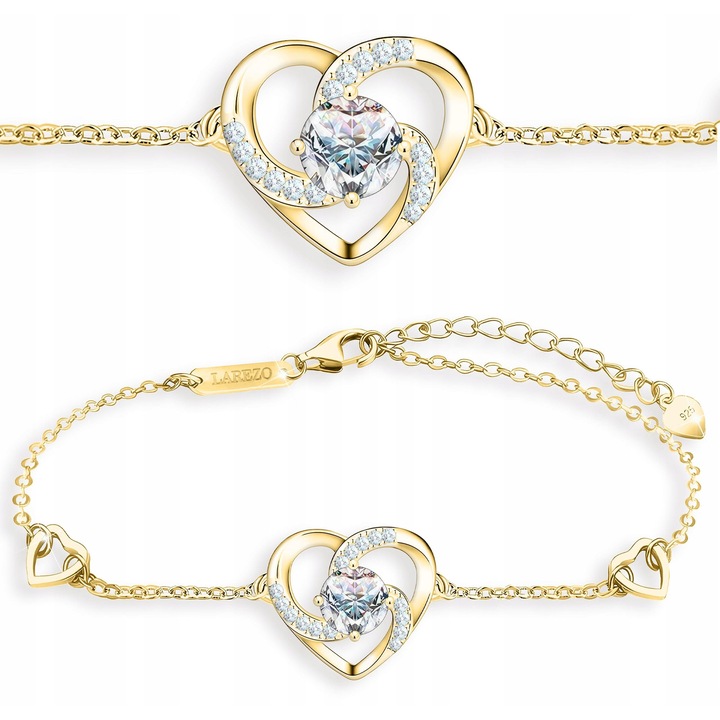 Bratara Pentru Dama, Larezo, Inima Din Cristal, 16 cmx3 cmx12x13 mm, Argint 925, Placaj Aur 585, Pietre Zirconii, Impletitura Ancora, Cutie De Bijuterii, Certificat De Calitate, Bijuterie Pentru Femei, Auriu