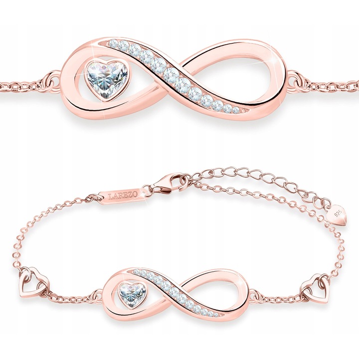 Bratara Dama, Larezo, Design Inima Alba Si Infinit, Simbol Iubire Eterna, Argint 925 Placat Cu Aur, Rose Gold Metal, 15-18 CM
