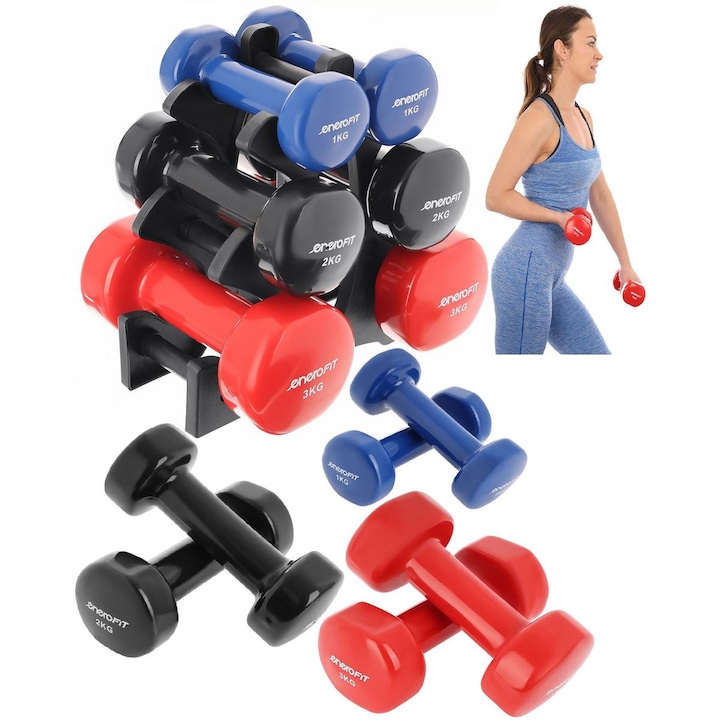 Set gantere cu fitness cu suport inclus Enero Fit, 3 perechi, 2x3 kg, 2x2 kg, 2x1 kg, negru, albastru, rosu, vinil
