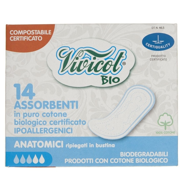 Absorbante biodegradabile Vivicot ultra subtiri anatomice, 14 bucati, bumbac organic, compostabile