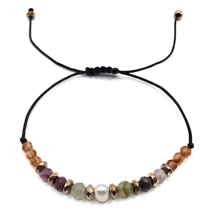 Bratara handmade, ajustabila, zodia Rac, Lexy's Boutique, pietre semipretioase Carneol, Hematit, Rubin, Smarald si Perla de Cultura, negru