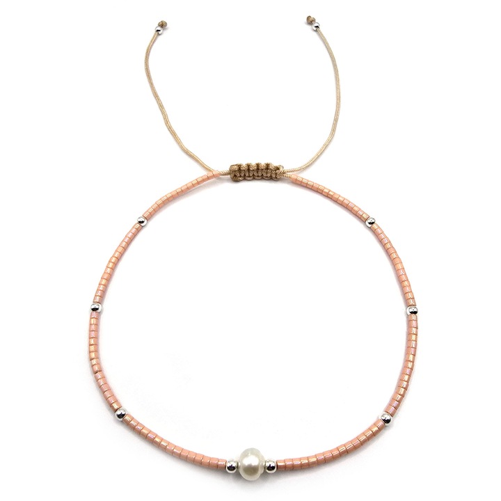 Bratara de glezna, handmade, din argint 925, Lexy's Boutique, ajustabila, margele Miyuki si Perla de cultura, bej sidefat