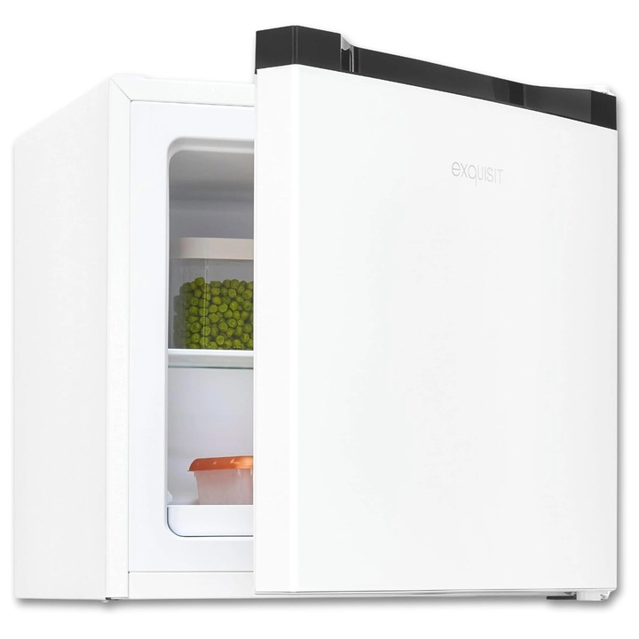 Mini congelator Exquisit, capacitate 31 litri, H 49.5 cm, congelare 4 stele, ideal pentru birou/hotel/rulota, temperatura ajustabila, 2 compartimente, usa reversibila, picioare ajustabile, design compact, alb