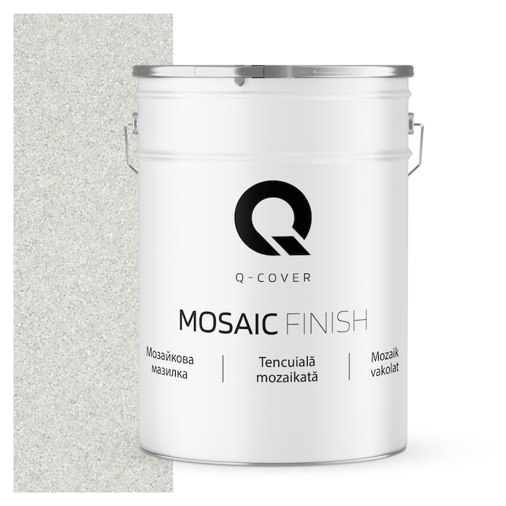 Tencuiala mozaicata, Q-Cover, Alb M01, acoperire excelenta, putere mare de acoperire, rezistenta buna la intemperii, aplicare si intretinere usoara, pe baza de rasina acrilica pura, 25KG