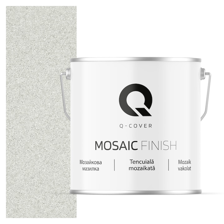 Tencuiala mozaicata, Q-Cover, Alb M01, acoperire excelenta, putere mare de acoperire, rezistenta buna la intemperii, aplicare si intretinere usoara, pe baza de rasina acrilica pura, 7KG