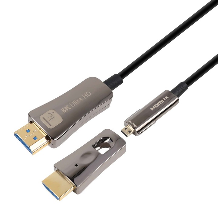 Cablu HDMI, optic, AOC, activ, 8K@60Hz, V2.1, HDMI tata - Micro HDMI tata, conector detasabil HDMI, 15M, Negru, Techly, ICOC HDMI-HY2D8-015