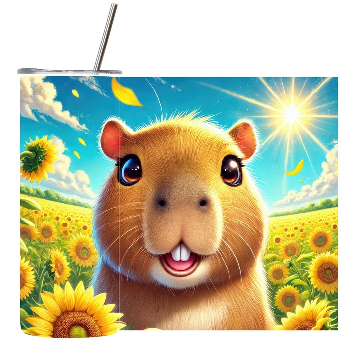 Cana Termos, Cu Capac si Pai Reutilizabil, Inox, Durabilitate Extrema, Izolatie Eficienta, Capacitate 600ml, Hamster si Floarea Soarelui, Copii