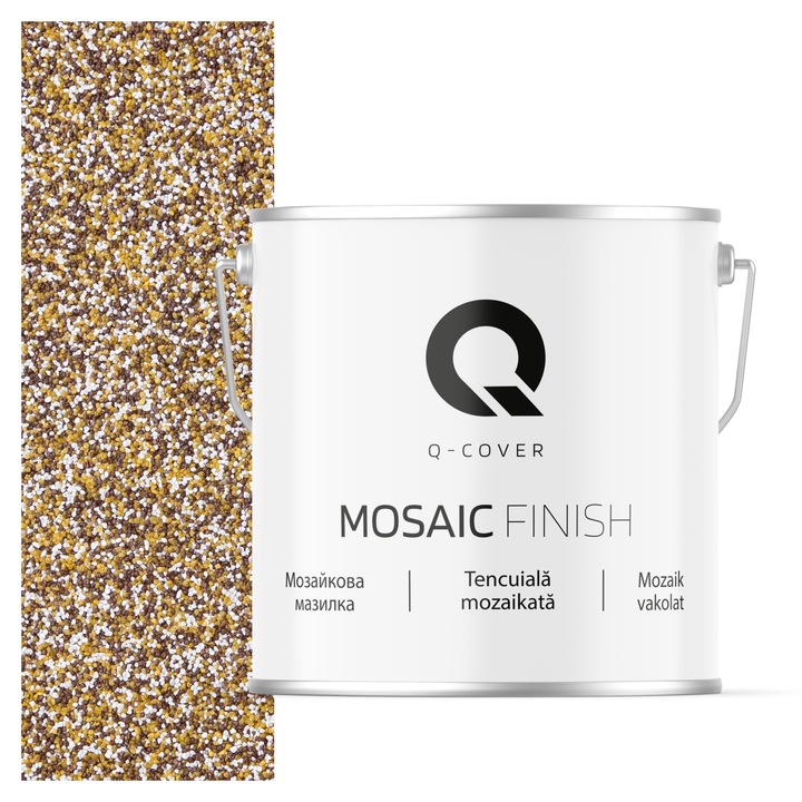 Tencuiala mozaicata, Q-Cover, Maro-mustar M62, acoperire excelenta, putere mare de acoperire, rezistenta buna la intemperii, aplicare si intretinere usoara, pe baza de rasina acrilica pura, 7KG