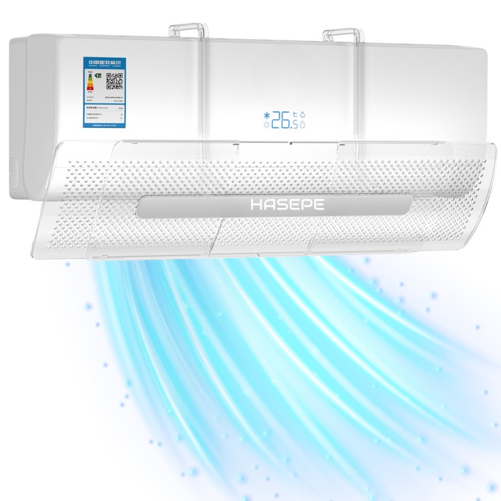 Дефлектор за климатик HASEPE, регулируем 53–95 см, прозрачен, без пробиване, бърз монтаж, защита от течение, универсален екран за климатик, прозрачен