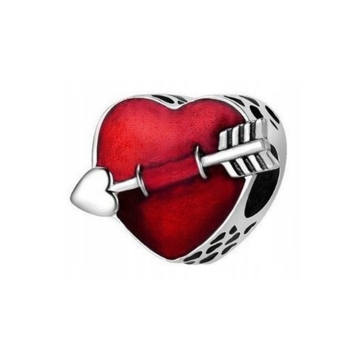 Talisman Charm, Pandantiv Bratara, Larezo, Inima, Ziua Indragostitilor, Sageata A Iubirii, 10x11x8 mm, Argint 925, Lustruit Manual, Cutie De Bijuterii, Certificat De Calitate, Bijuterie Pentru Femei, Argintiu/Rosu