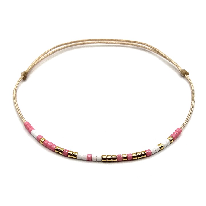 Гривна с морзов код, надпис "Обичам те", Lexy's Boutique, дамска, регулируем размер, цветни мъниста Miyuki и позлатено с 24-каратово злато, розово/бяло