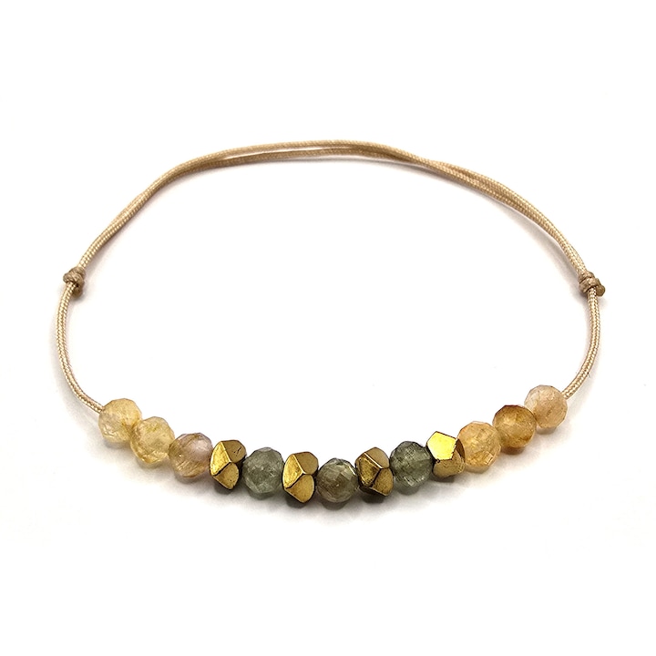 Bratara handmade, ajustabila, zodia Leu, Lexy's Boutique, pietre semipretioase Peridot, Citrin si Hematit, bej